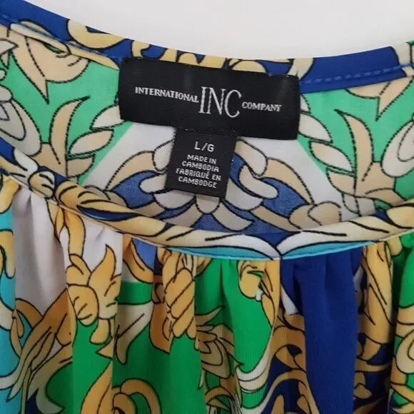 International INC Company Blouse White Blue Green Gold  Ruffled NeckWaist… - Picture 3 of 10